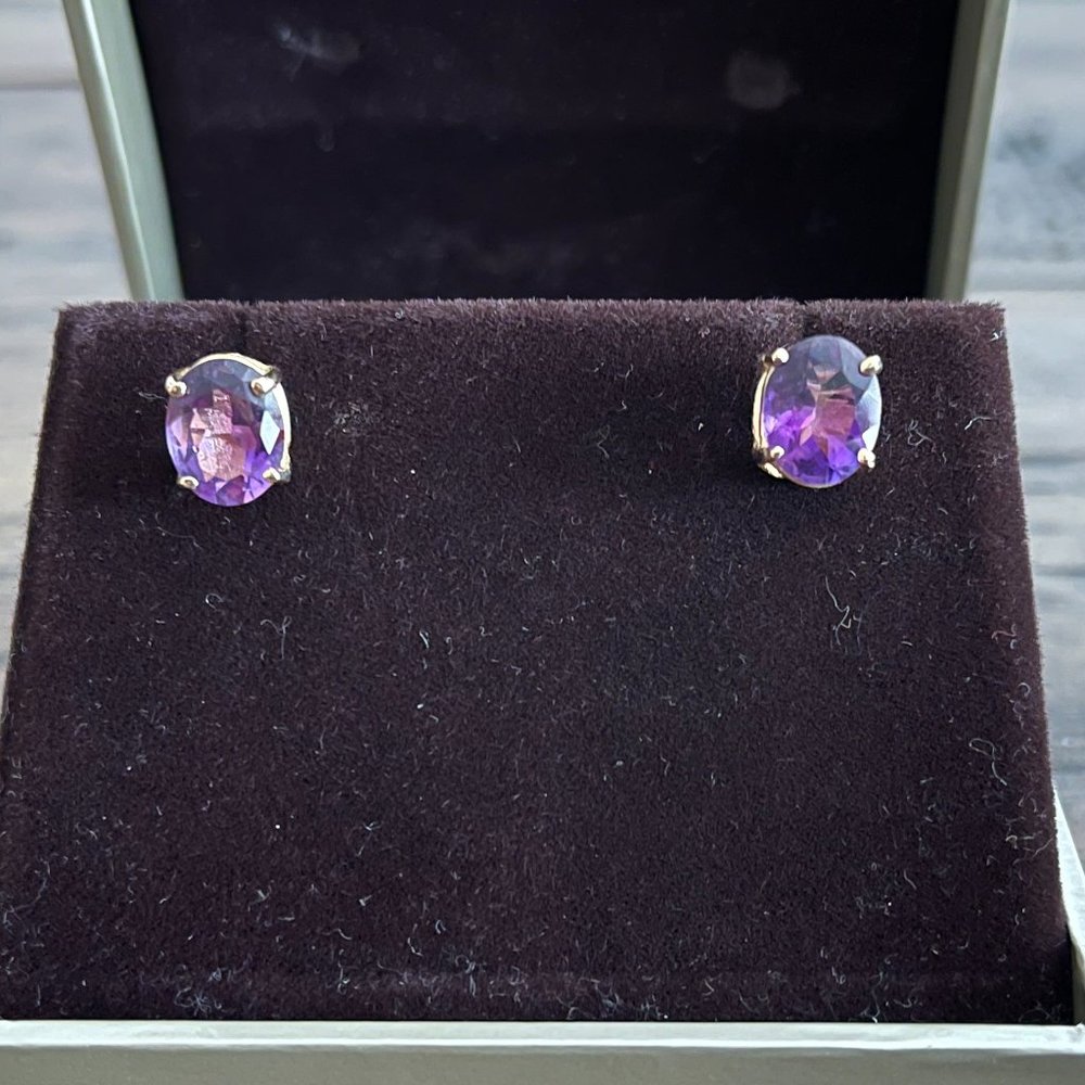 14K Gold Amethyst Oval Earrings